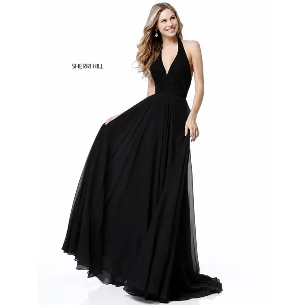 SHERRI HILL 51640 Black Sequin Halter Chiffon Gown – Size 6 NWT - Image 3