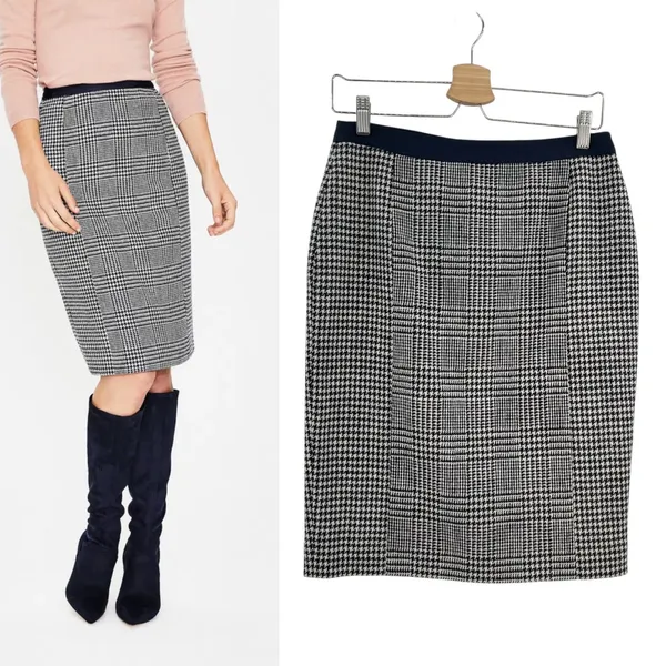Boden British Tweed Pencil Skirt‎ Houndstooth Plaid Navy Blue Size US 6R - Image 2