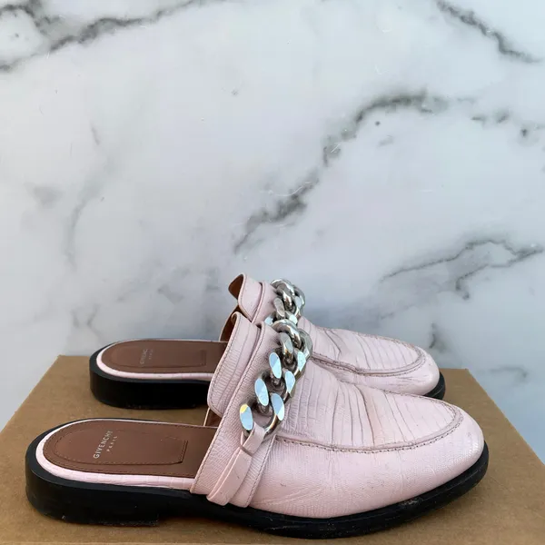 Givenchy 20mm women’s pink lizard embossed chain loafers mules size IT 37 US 7 - Image 12