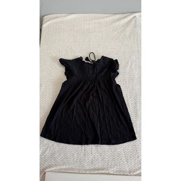Anthropologie Black Flutter Sleeve Ruffle Tie Neck Lace Trim Boho Top Small - Image 3