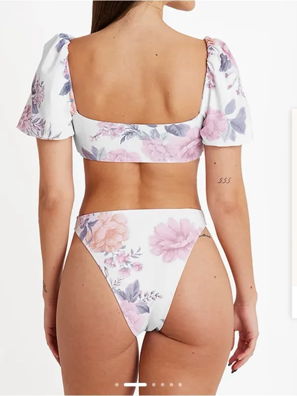 Cupshe XL Eden Floral Puff Sleeve Extra Cheeky High Waist Bikini Set NWT Swim - Image 12