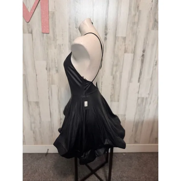 Eta Faux Leather Mini Dress Womens Medium Black Strappy Back Bubble Hem NWT - Image 5