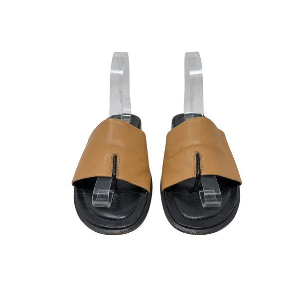 Tod's Leather Toe Ring Flat Slide Sandals Tan Black Made in Italy Size 8 - Image 3