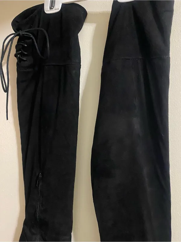 X2B Womens Size 6.5 6 1/2 Black Faux Suede 25” Tall Boots 3.75” Chunky Heel Ties - Image 11