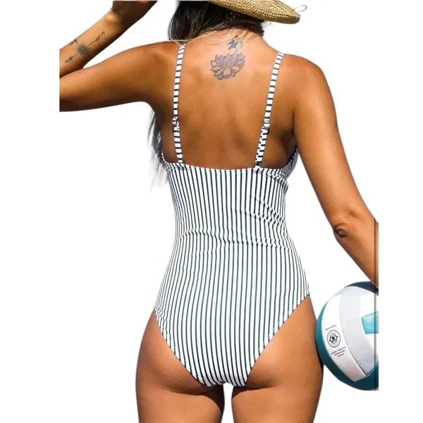 NWT Cupshe Blue Striped Print‎ Tummy Control One Piece Swimsuit - Size Medium - Image 3