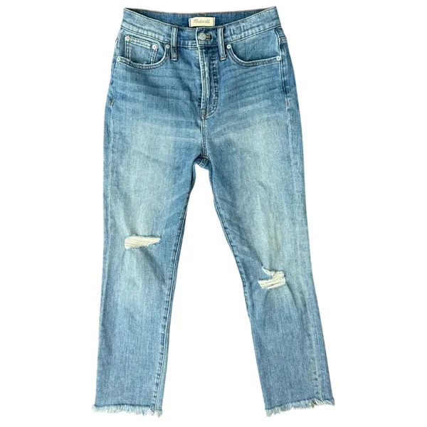 Madewell Blue Distressed Raw Hem Light Wash Stretch Perfect Vintage Jeans sz 26 - Image 2