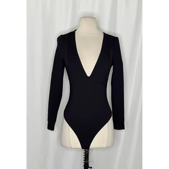 Free People INTIMATELY Basic Babe Bodysuit Black Plunging Neck Thong Small - Image 2