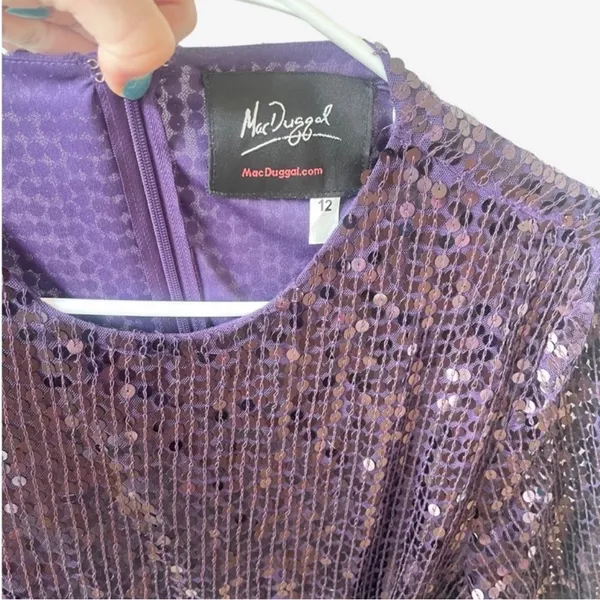 New Mac Duggal Sequined‎ High Neck Long Sleeve Draped Purple Maxi Dress Gown 12 - Image 4