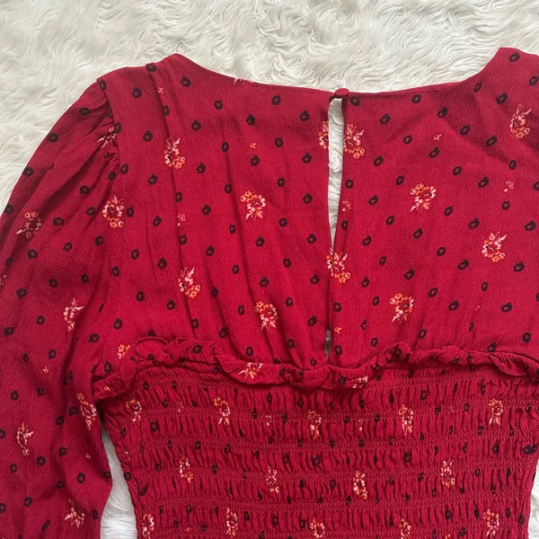 Free People Dress Two Faces Mini Ruched Bodice Long Sleeve Boho Ruby Red S - Image 7