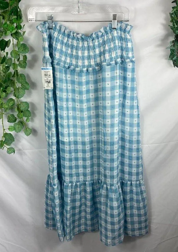 NWT Topshop Light Blue Gingham Check Midi Skirt Size 8 - Image 5