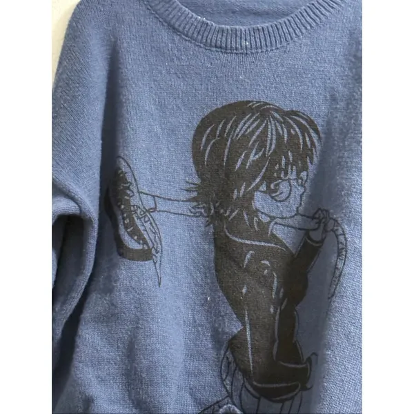 Japanese Anime Cartoon Print Loose O-Neck Pullover XL Vintage Casual Long - Image 2