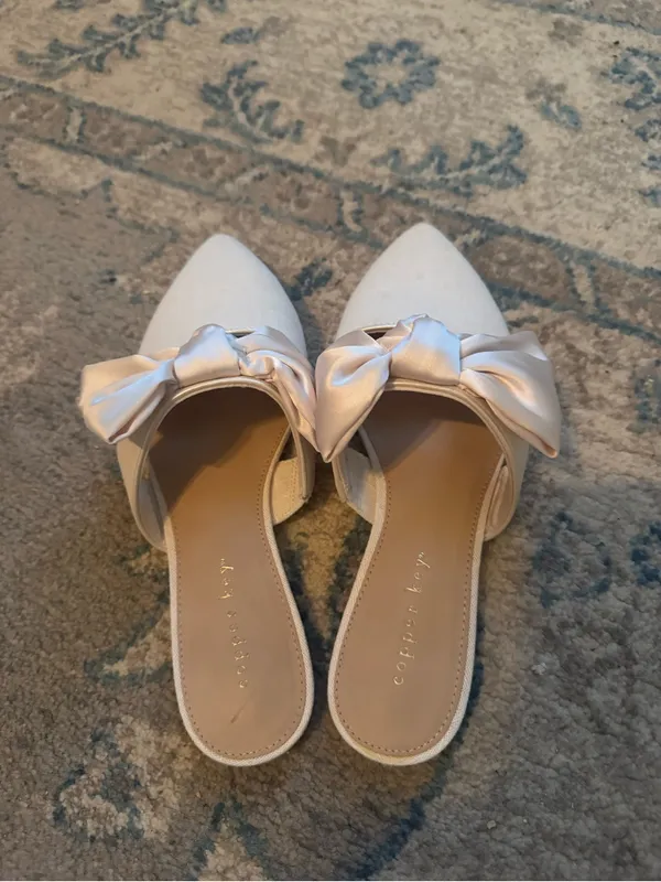 Copper Key Ivory Pointed-Toe Slide Mules with Satin Bow - Image 4