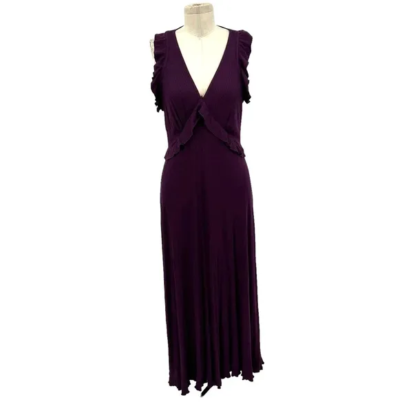 Anthropologie Maxi Dress‎ Deep-V Ruffled Sleeveless Viscose Purple Size Medium - Image 3