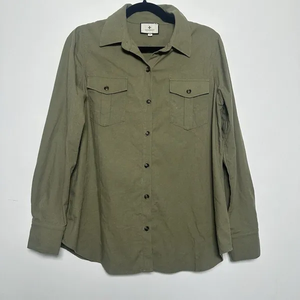 Tuckernuck Med Olive Steele Button Up Utility Blouse Shirt‎ Linen Blend Forest - Image 3