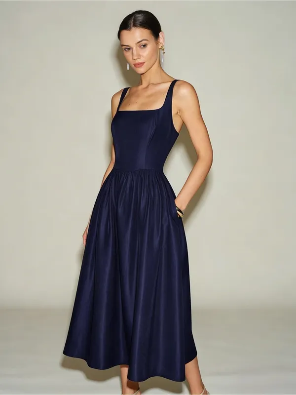 Rihoas Navy Blue Slip A-Line Midi Dress - Image 3
