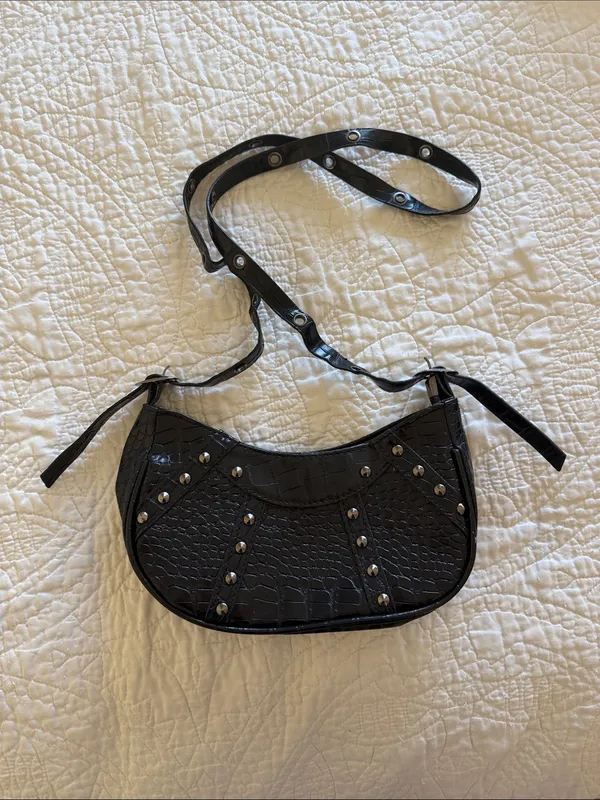 Black Faux Croc-Embossed Shoulder Bag with Stud Detail - Image 3