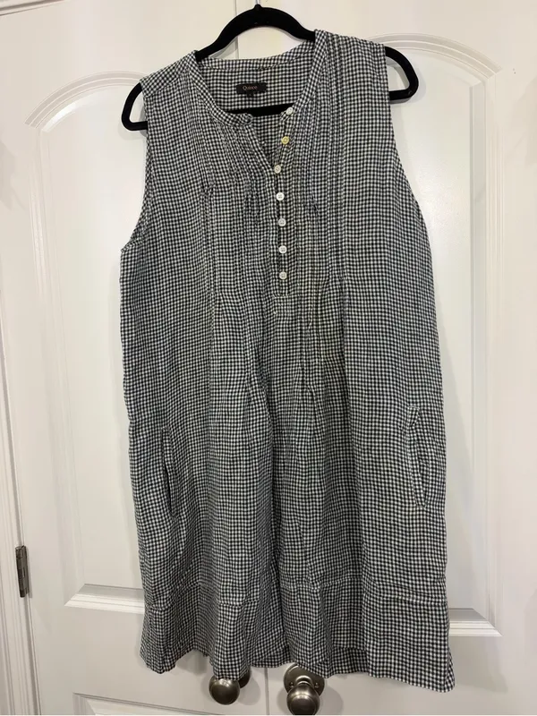 100% European Linen Sleeveless Mini Gingham Shift Swing Dress - Image 2