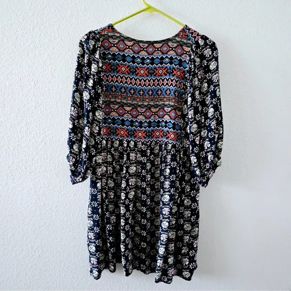Umgee Navy Boho Aztec Print Mini Dress 3/4 Sleeve Babydoll Tunic Size Medium - Image 9