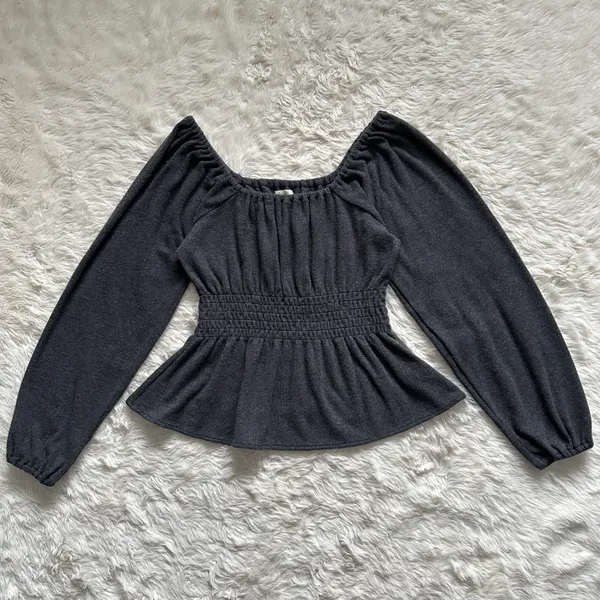 Sweater Plush Square-Neck Smocked Top Long Sleeve Dark Gray M - Image 4