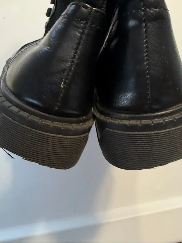 BCBG Black Knit-Shaft Combat Boots with Brown and Cream Trim Womens 6.5 - Image 6