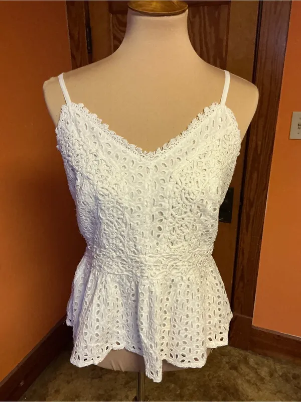 Japna White Eyelet Lace Peplum Cami Top Large Boho Cottagecore Adjustable Straps - Image 8