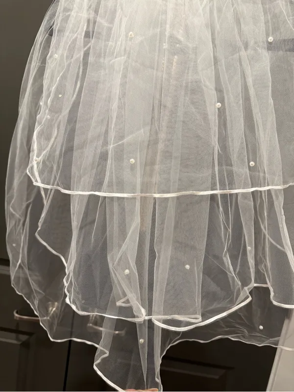 White Wedding Veil | Triple (3) Tier with Pearl Accents - Image 3
