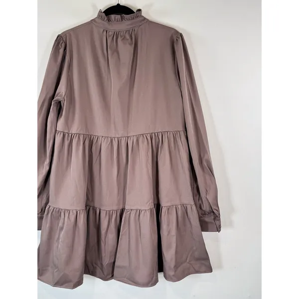 NWT En Saison Women Dress Brown Tiered Babydoll Mini V Neck Ruffle A Line Medium - Image 7