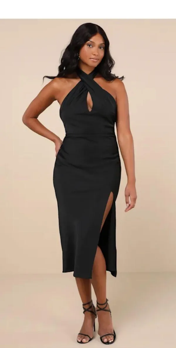 Lulus Midi Dress Black Satin - Image 7