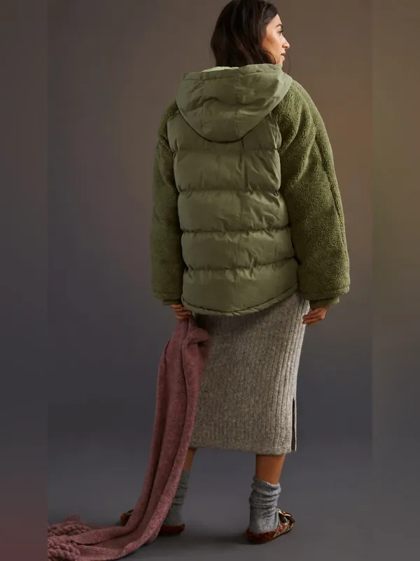 Anthropologie Pilcro Green Swing Puffer Jacket Sherpa Fleece Sleeve Coat Size S - Image 5