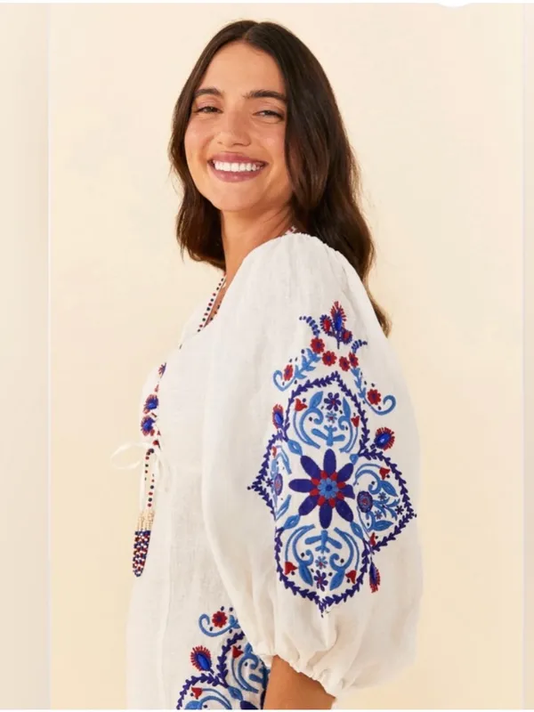 FARM Rio Off-White Navy Embroidery Mini Dress S - Image 11