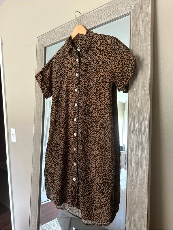 J. Crew Cheetah Print Linen Blend T-Shirt Button Down Shift Mini Dress Size XS - Image 3