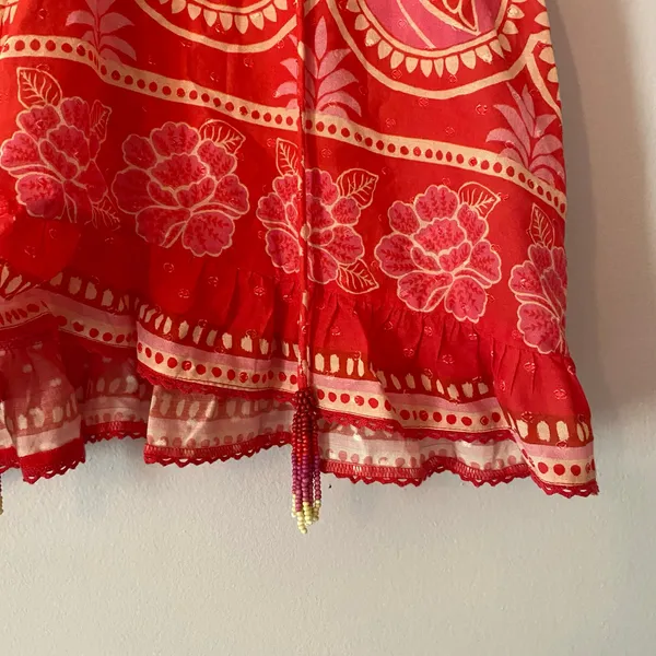 Farm Rio Red Pink Paisley Tropical Floral Blouse Beaded Tassel Boho Resort Small - Image 5