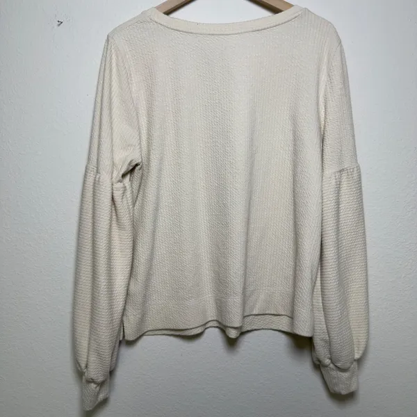 Anthropologie Women Cotton Knit Top XL Cream‎ Textured Balloon Sleeve Preppy - Image 8