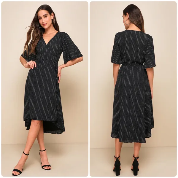 Lulus‎ Womens Farah Black Polka Dot Print Parisian Chic Midi Wrap Dress Size S - Image 2