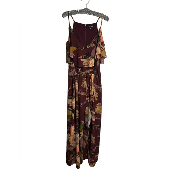 City‎ Chic Tropic Heat Tropical Flowy Burgundy Wrap Wide Leg Jumpsuit Sz 16 - Image 3