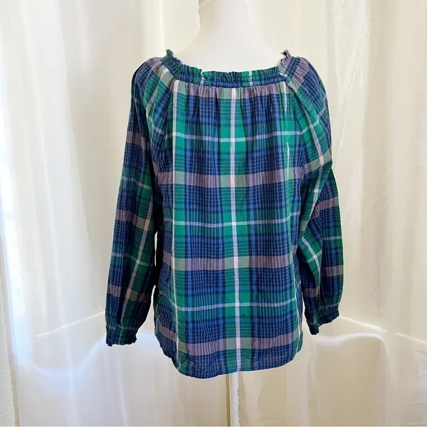 Old Navy Plaid Smocked‎ Square Neck Blouse Large Green Blue Long Sleeve Top - Image 3