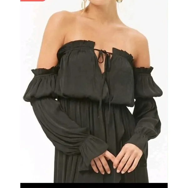 Forever 21 Womens Black Off‎ Shoulder High Low Maxi Dress Ruffle Boho - Image 2