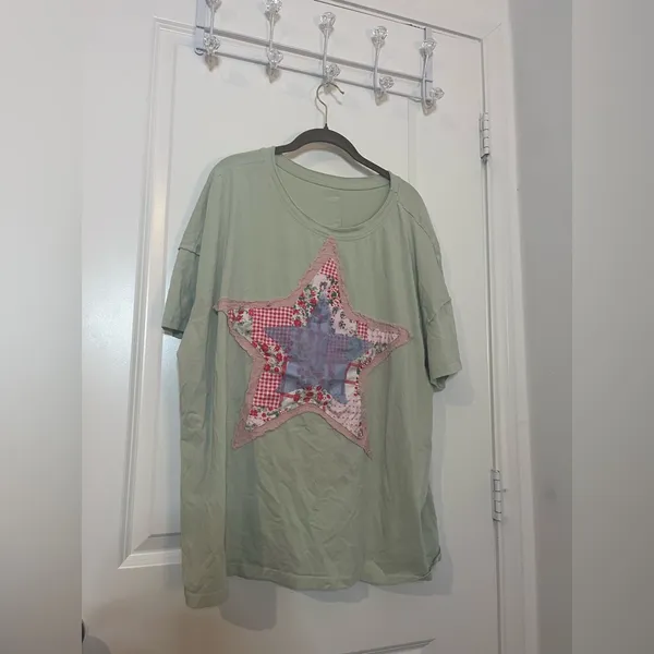 Layered Fabric Star Patchwork MintGreen Oversized T Shirt Y2K Indie Americana XL - Image 7