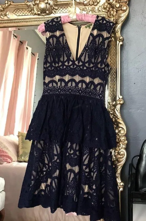 Anthropologie T1 The Letter dark blue lace peplum skater dress - Image 4