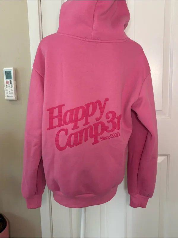 Happy camper pink raspberry puff series hoodie pullover preppy small casual infl - Image 5