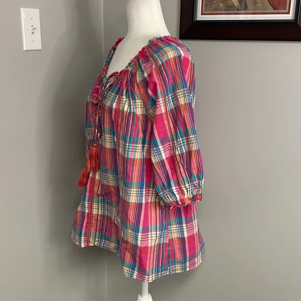 Sundance Tender Plaid tie neck ruffle blouse size large pink blue boho feminine - Image 3