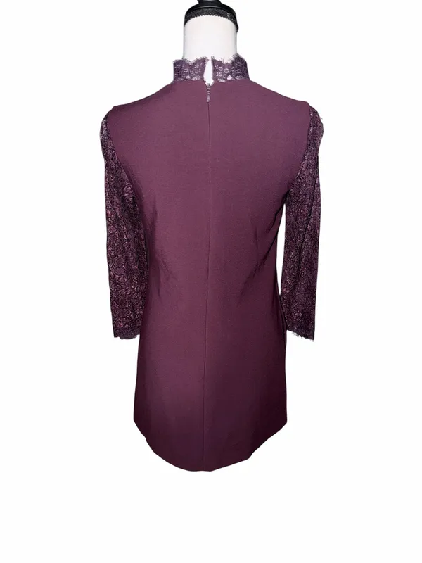 Topshop Purple Solid Lace Long Sleeve High Neck Shift Mini Dress Zip US 2 Formal - Image 3