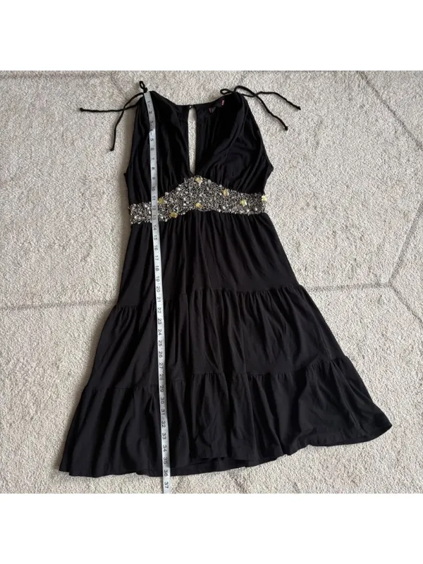 Black Embellished Empire Waist Dress Beaded Tiered Skirt with Tie Straps - Image 6