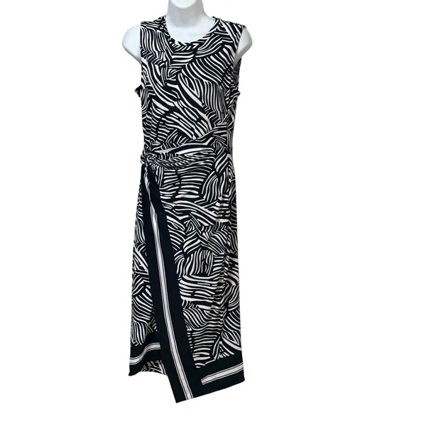 Michael Kors Women Black White Zebra Print Ring Faux Wrap Midi Dress Small - Image 2