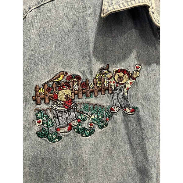 Bobbie Brooks Vintage‎ Embroidered Garden Bears Denim Shirt Womens Large Cottage - Image 3