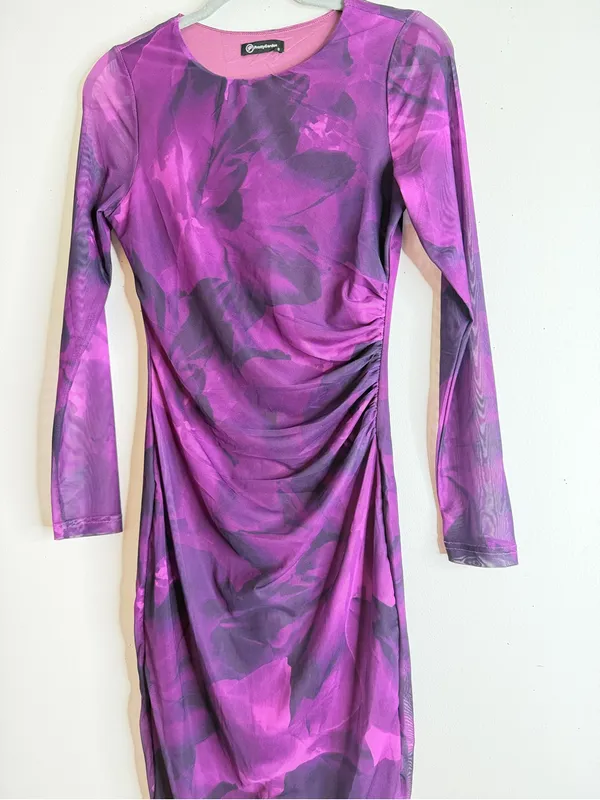 PrettyGarden Purple Floral Ruched Mesh Midi Dress Long Sleeve Sz S Date Night - Image 8