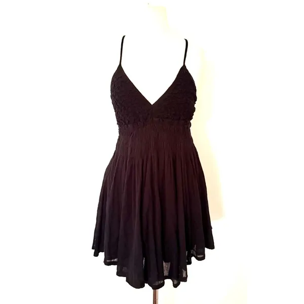 Free People Forever Favorite Black Smocked Babydoll Mini Dress Boho Coverup - Image 2