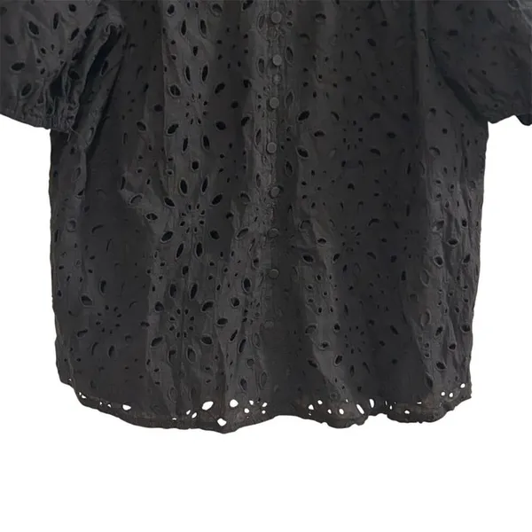 PrettyGarden‎ Women's Black Embroidered Blouse L Long Puff Sleeve - Image 6
