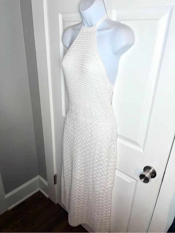 Frye Textured Knit Bright White Crochet Halter Midi Dress Sweater Dress M NWT - Image 5