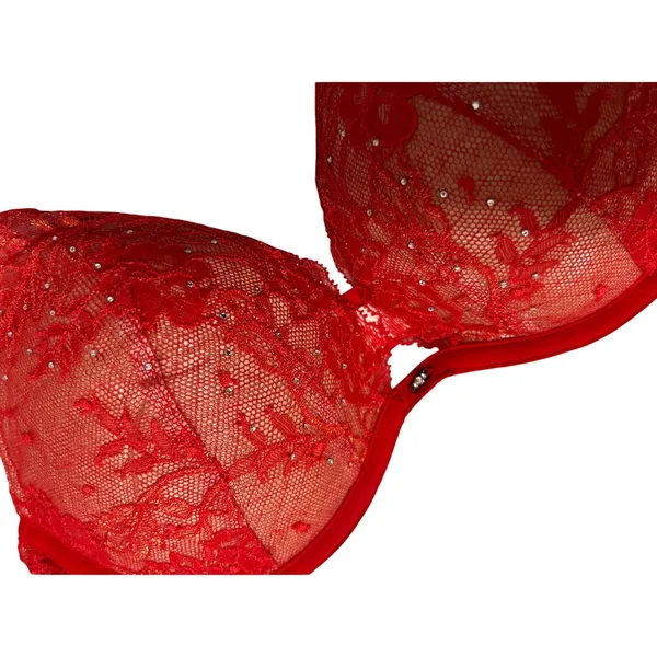 Victoria's Secret 32D Red Lace Push-Up Bra Rhinestone Detail‎ Padded Underwire - Image 2